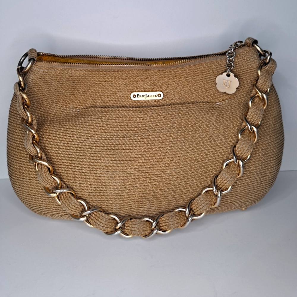 Eric Javits sand brown woven straw Squishee chain strap bag